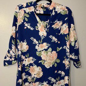 Navy Floral Print 3/4 Sleeve Top M